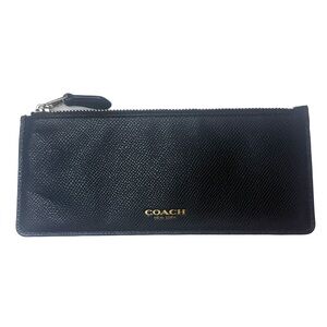 COACH Long Slim Black Saffiano Leather Top Zip Pouch Clutch Wallet Zipper EUC